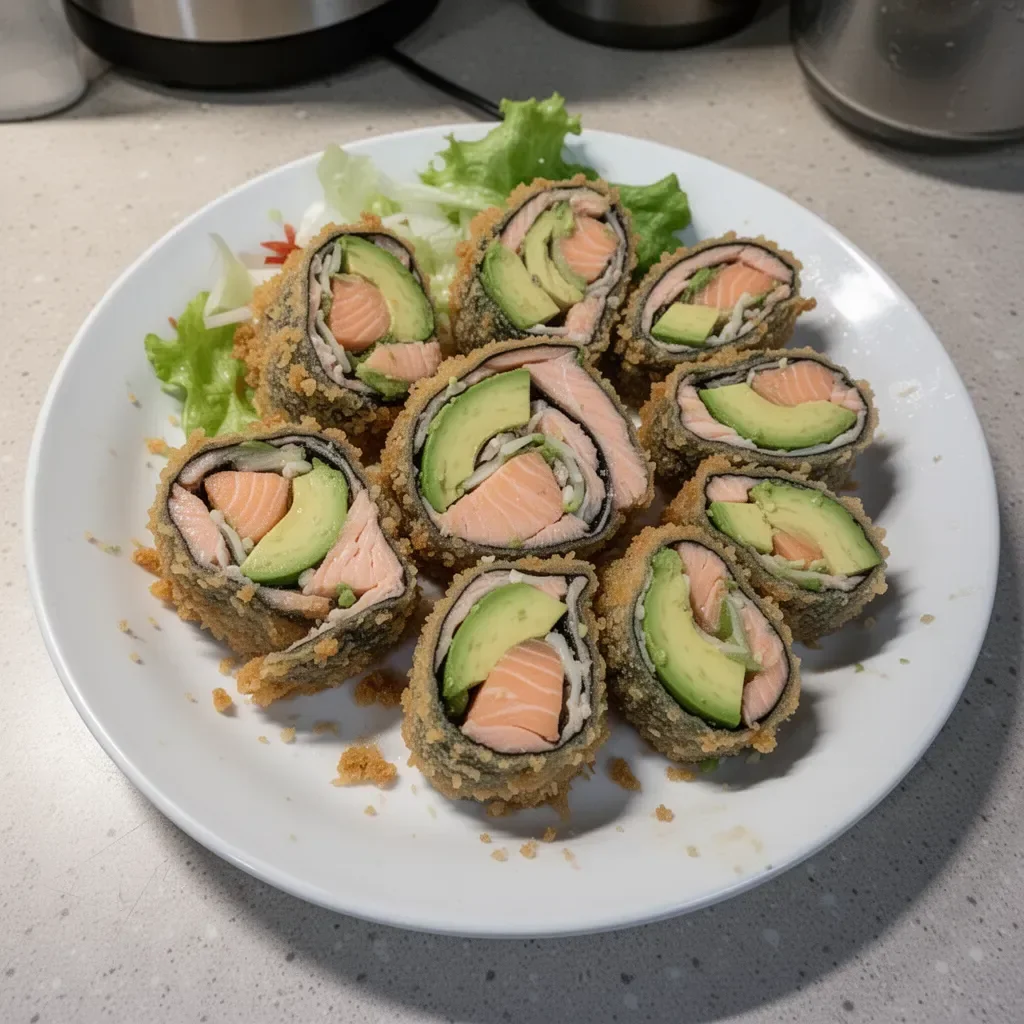 Crispy fried salmon and avocado rolls garnished with sesame seeds.