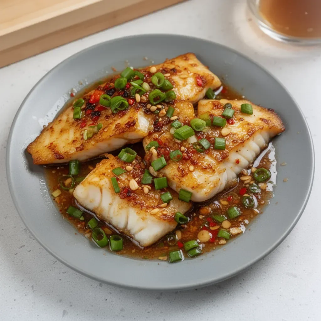 Crispy pan-fried fish fillets garnished with ginger scallion sauce on a plate.