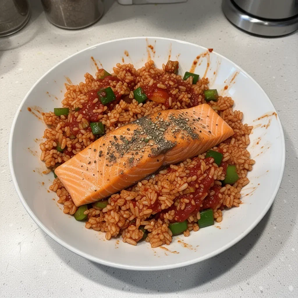 Delicious crispy rice topped with spicy salmon, a perfect fusion dish.