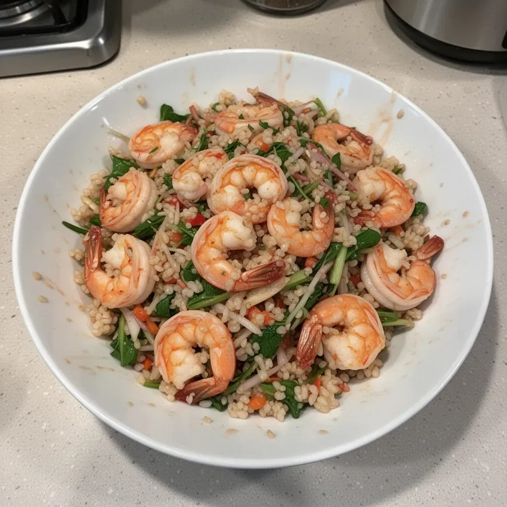 Crispy rice topped with vibrant spicy shrimp salad