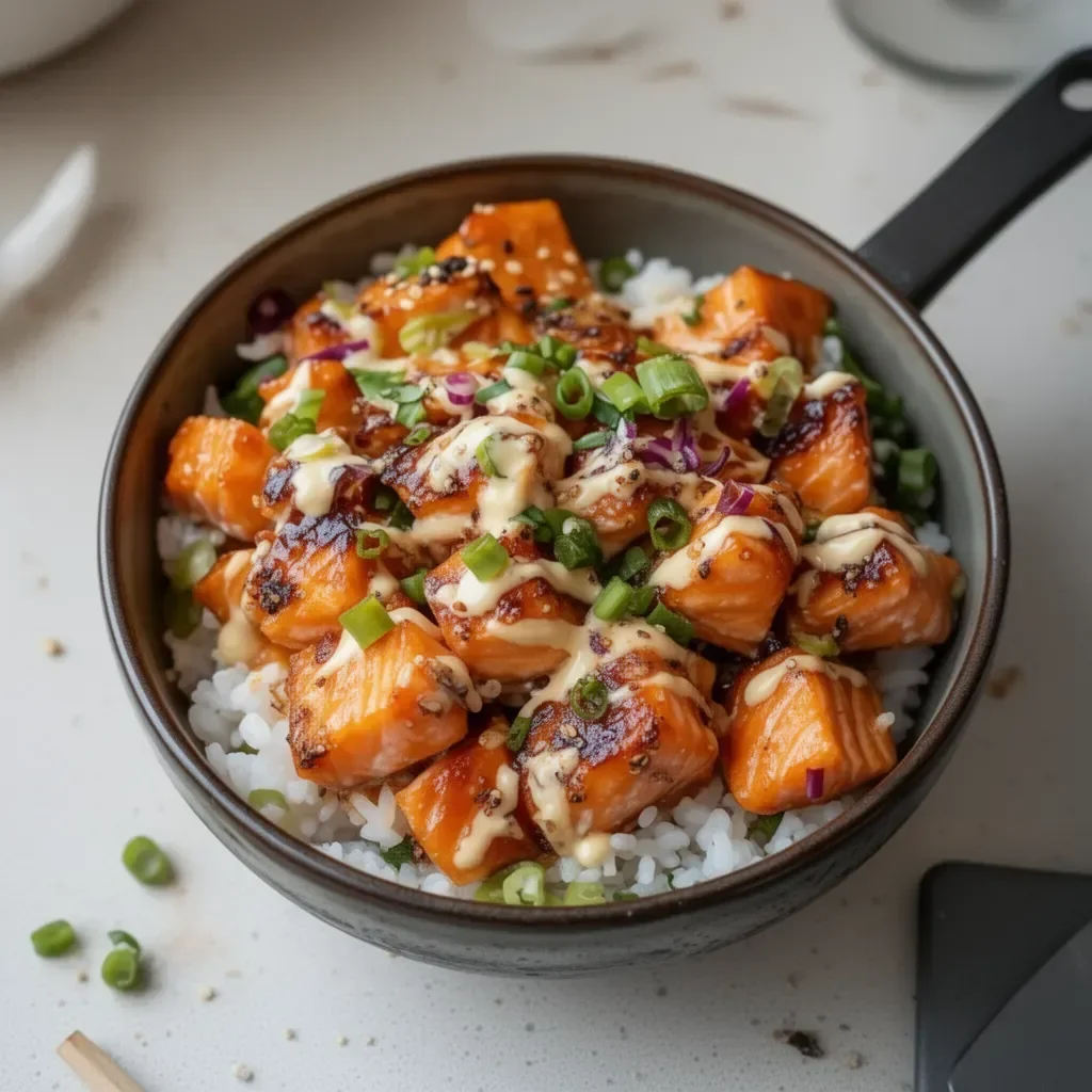 Crispy salmon rice bowl with colorful vegetables and sauce