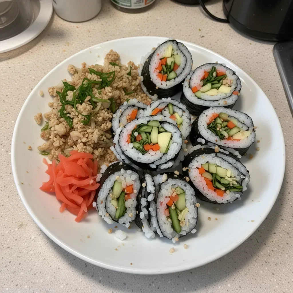 Colorful crunchy veggie sushi rolls with assorted fresh vegetables