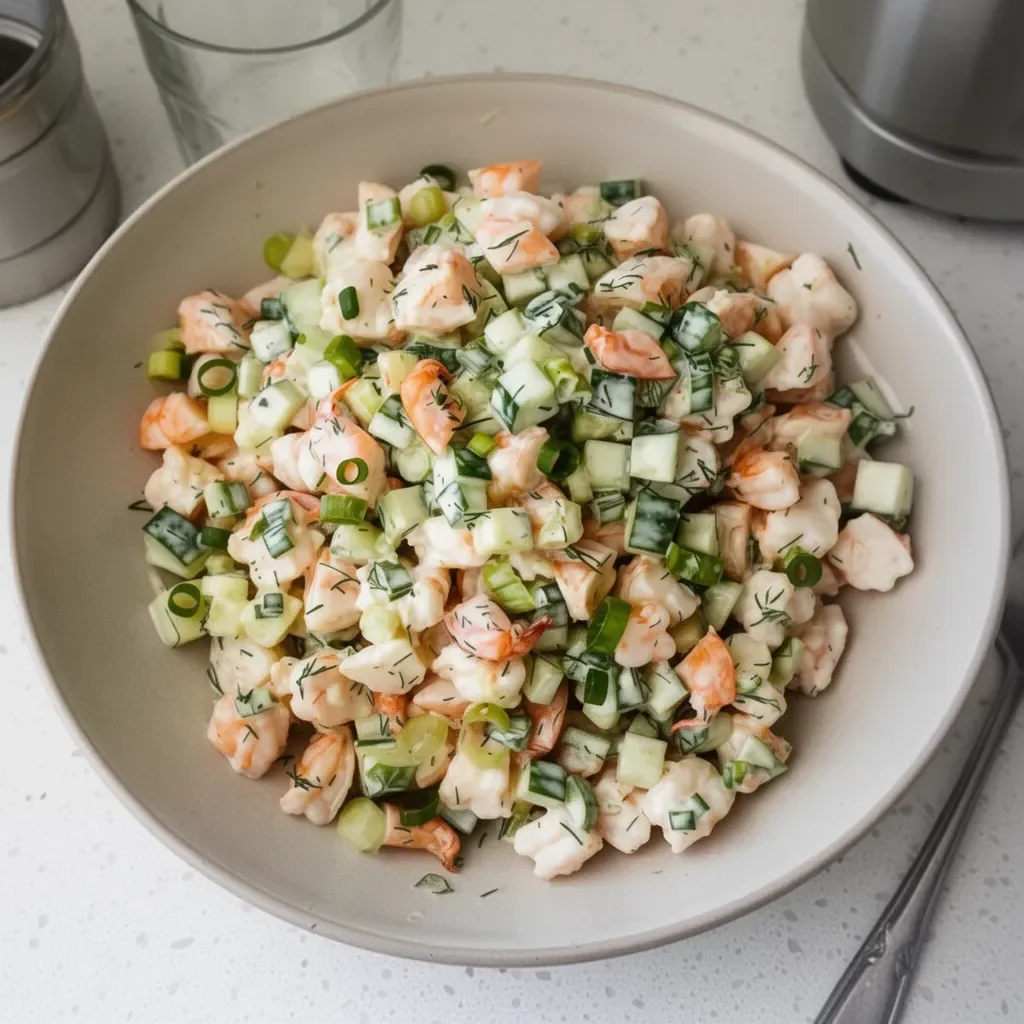 Delicious Cucumber Shrimp Salad garnished with herbs