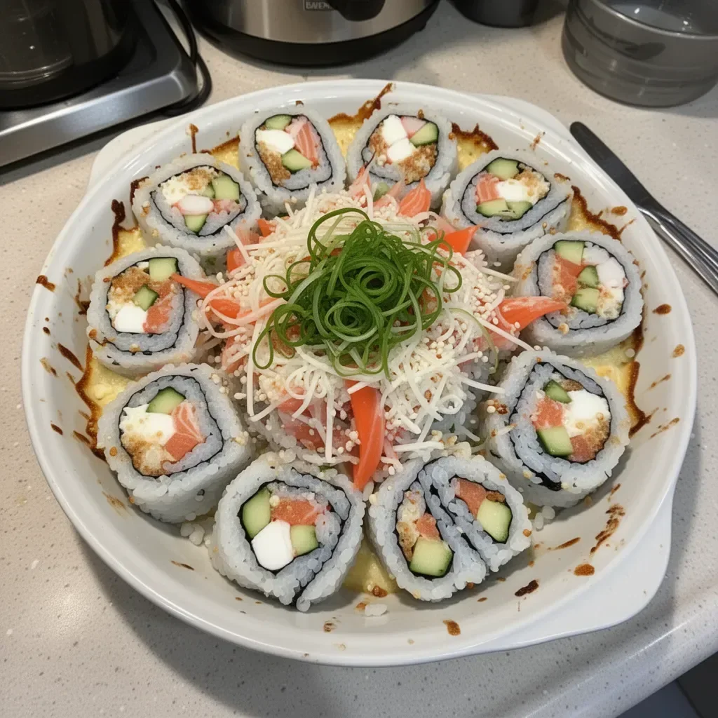 Deconstructed California Roll Sushi Bake topped with fresh ingredients and herbs