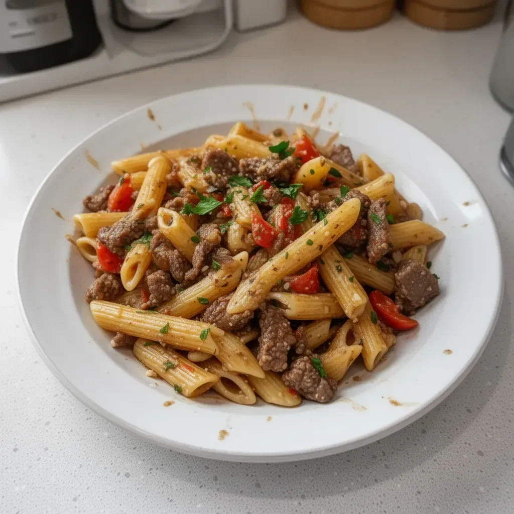 Delicious garlic beef pasta in a bowl topped with herbs
