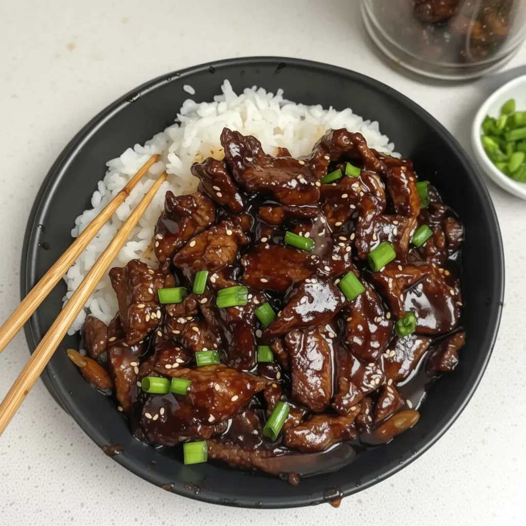 Delicious plate of easy beef teriyaki recipe garnished with green onions