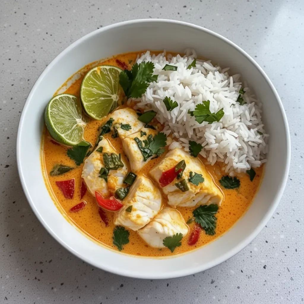 Bowl of easy coconut lime fish curry served with jasmine rice