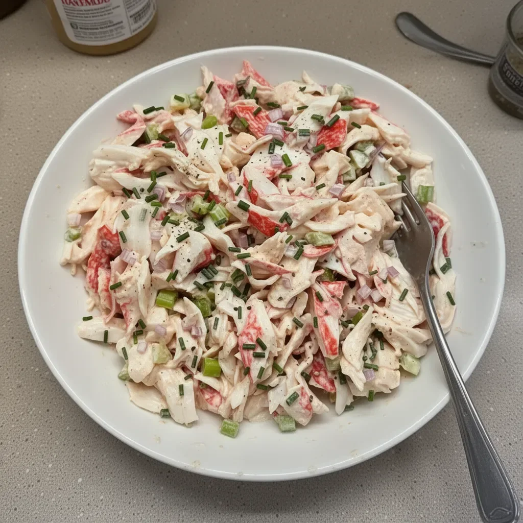 Bowl of easy crab salad with fresh ingredients and garnishments