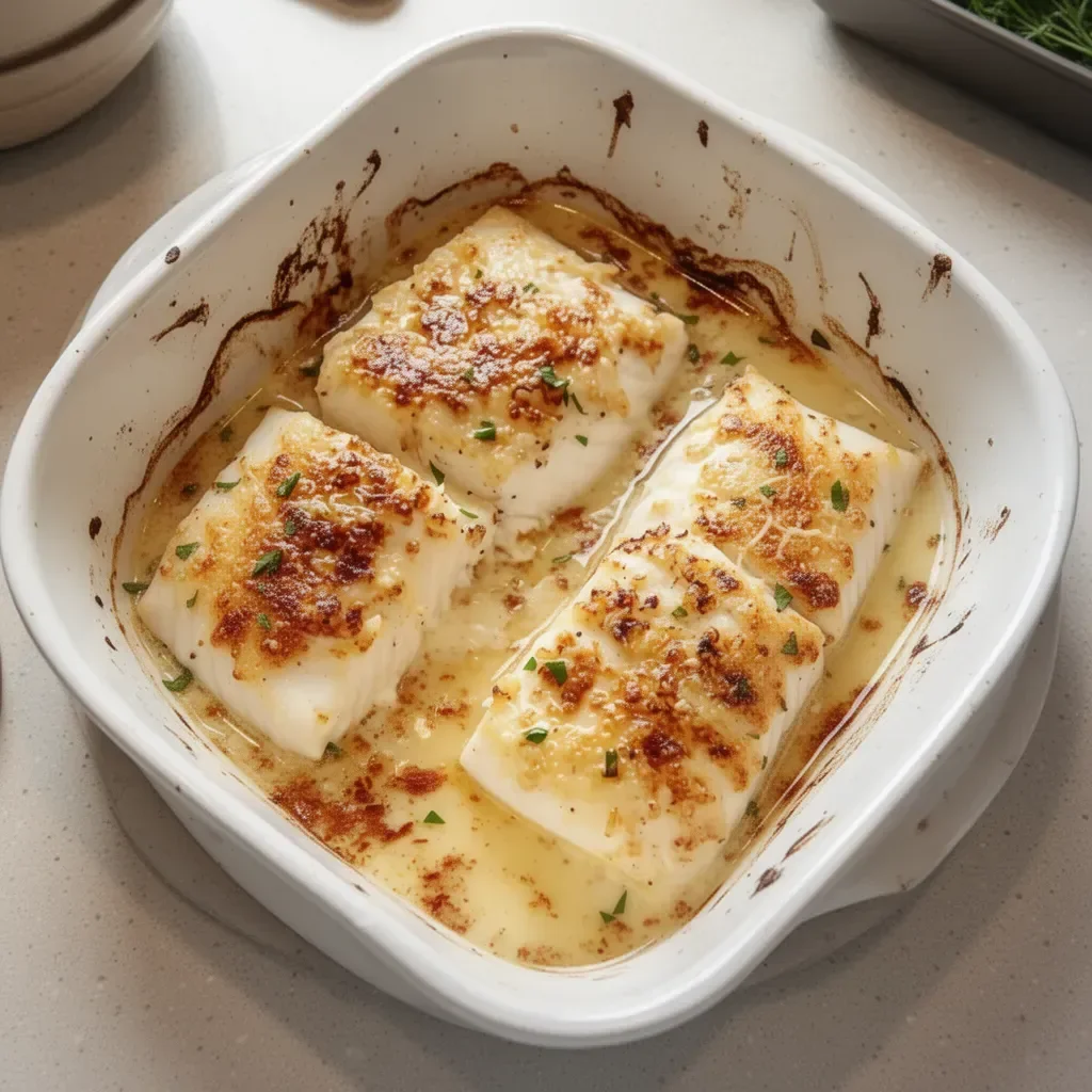 Plate of garlic parmesan baked halibut with herbs and lemon.
