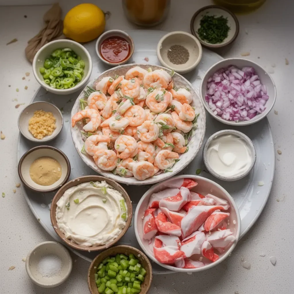 Bowl of easy seafood salad made with fresh seafood and vegetables