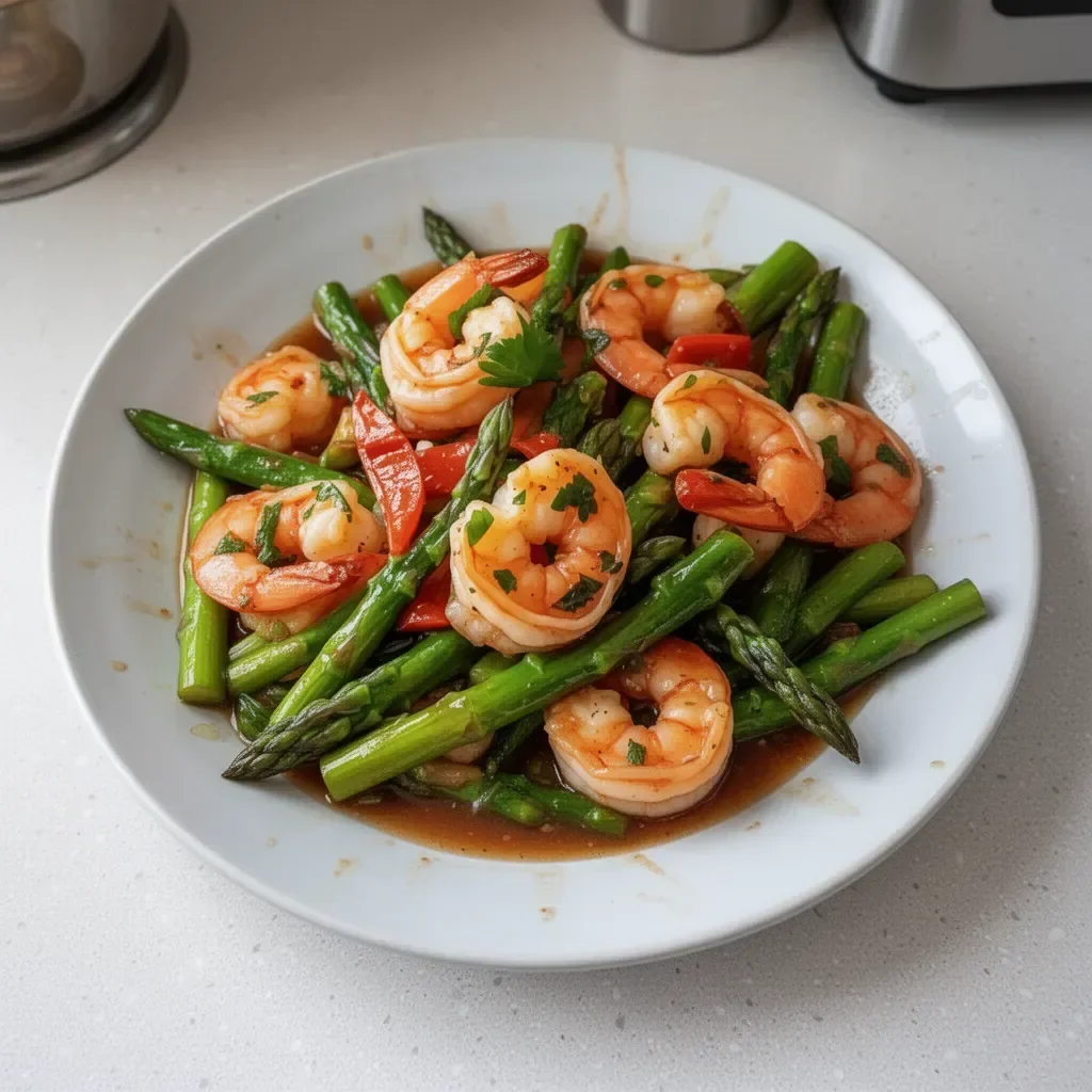 A colorful shrimp stir fry with asparagus and vegetables in a skillet.
