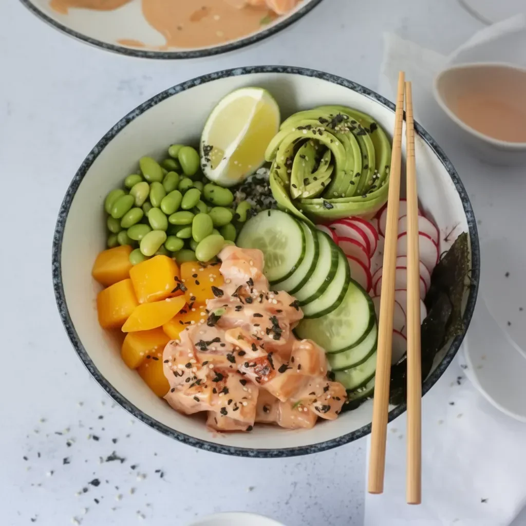 Easy spicy salmon poke bowl topped with avocado and sesame seeds