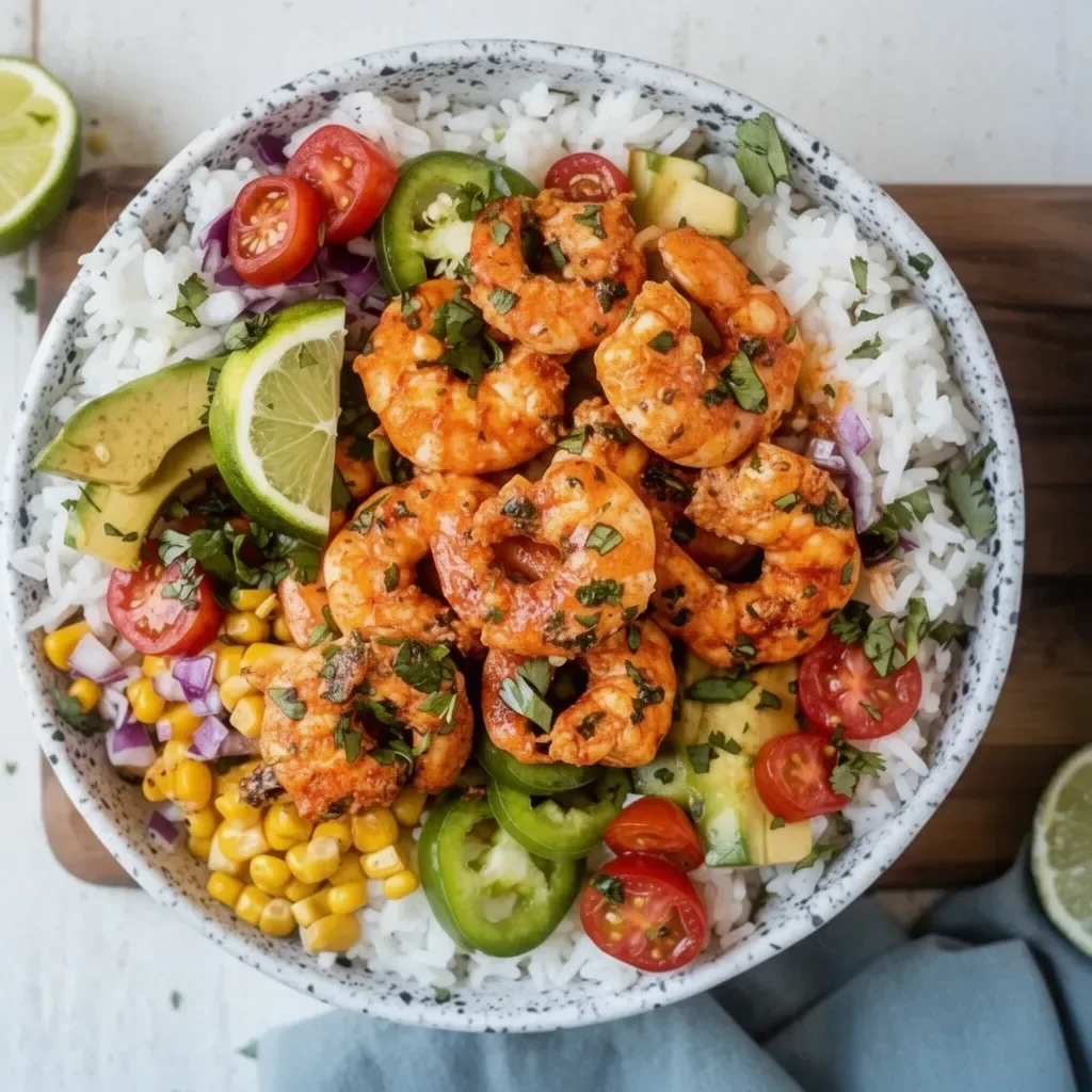 Colorful Fiesta Lime Shrimp Bowl with rice, shrimp, and fresh toppings