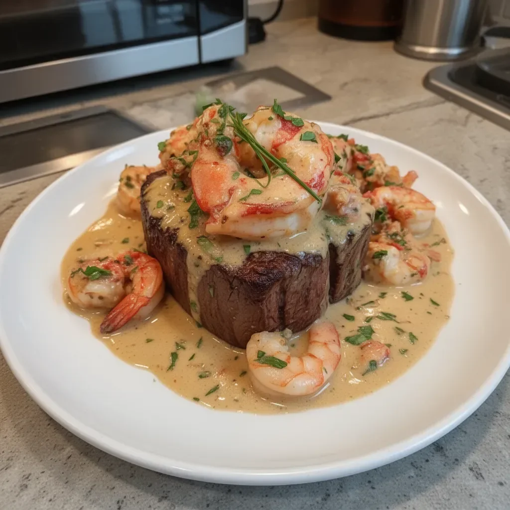 Filet Mignon with shrimp and lobster cream sauce on a plate
