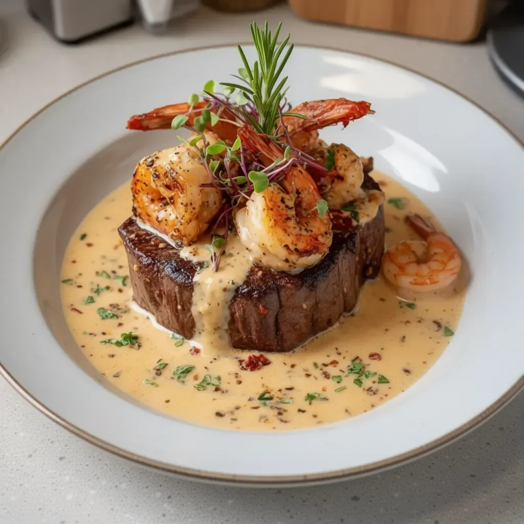 Filet mignon steak topped with shrimp and lobster cream sauce.