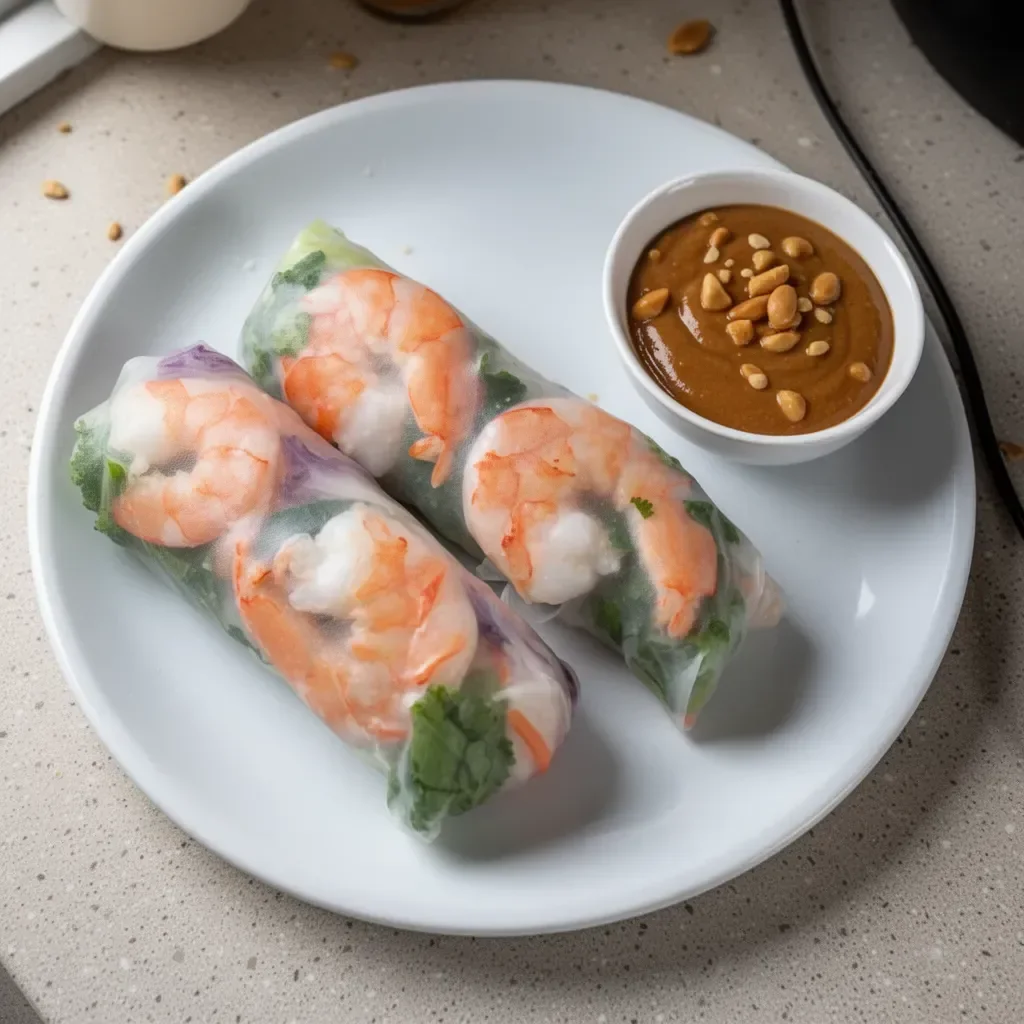 Fresh shrimp spring rolls served with peanut dipping sauce