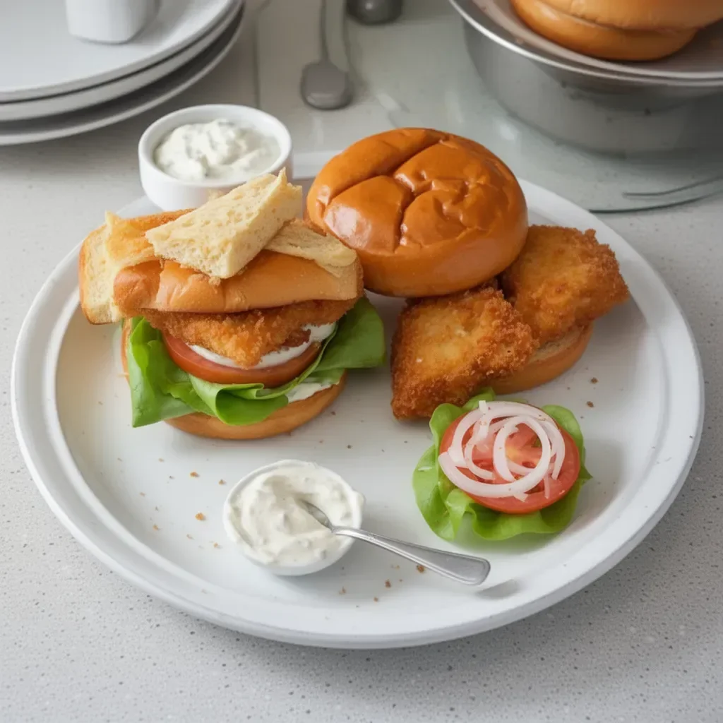 Delicious fried fish sandwich with lettuce and tartar sauce on a plate