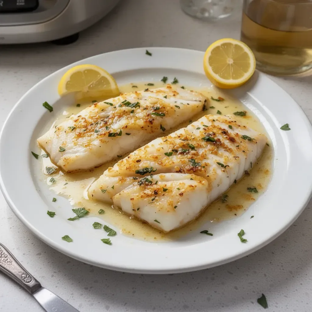 A plate of garlic butter baked cod fillets garnished with herbs.