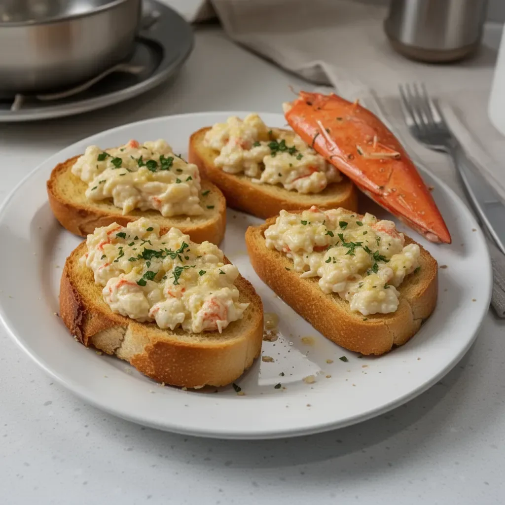 Garlic Butter Crab Toasts served on a rustic wooden platter