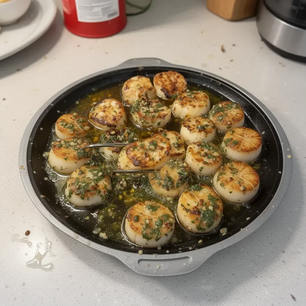 Delicious garlic butter scallops served on a plate with garnishes.