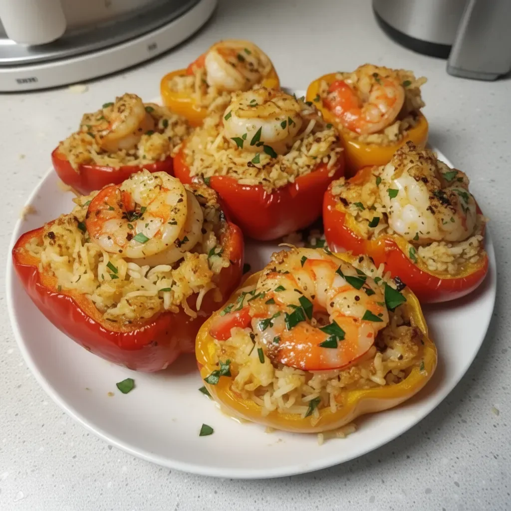 Garlic Butter Shrimp Stuffed Peppers garnished with herbs on a plate