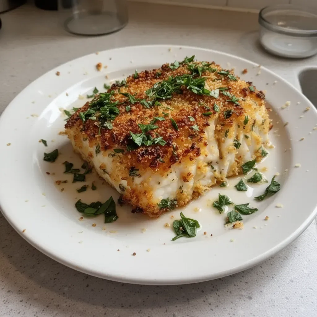 Deliciously baked Garlic Parmesan Crusted Halibut on a plate