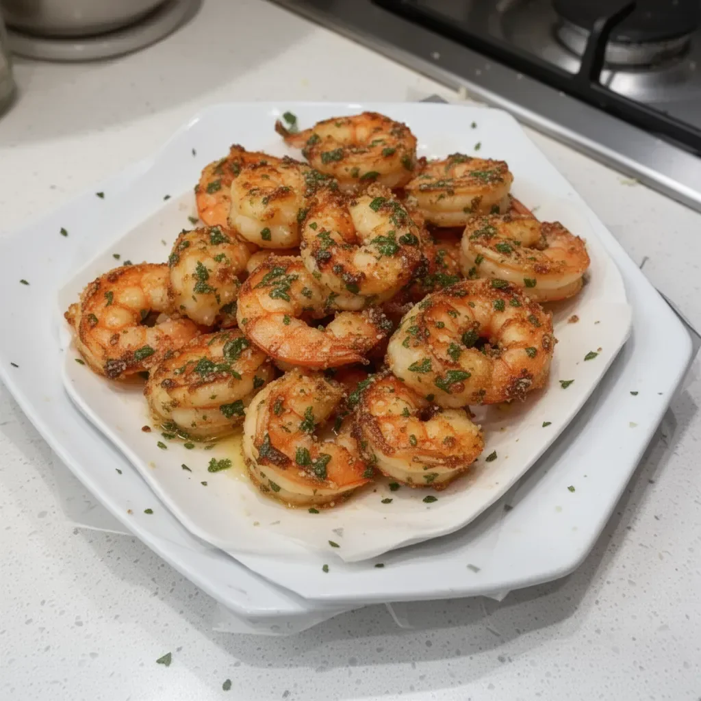 Delicious Garlic Parmesan Roasted Shrimp served with herbs