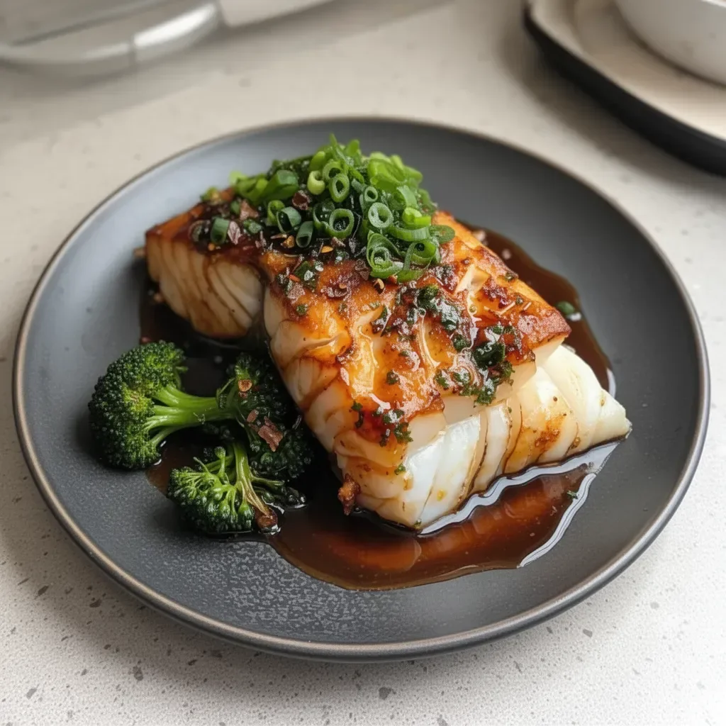 Delicious Ginger Soy Glazed Cod served on a plate with garnish and a side of vegetables.