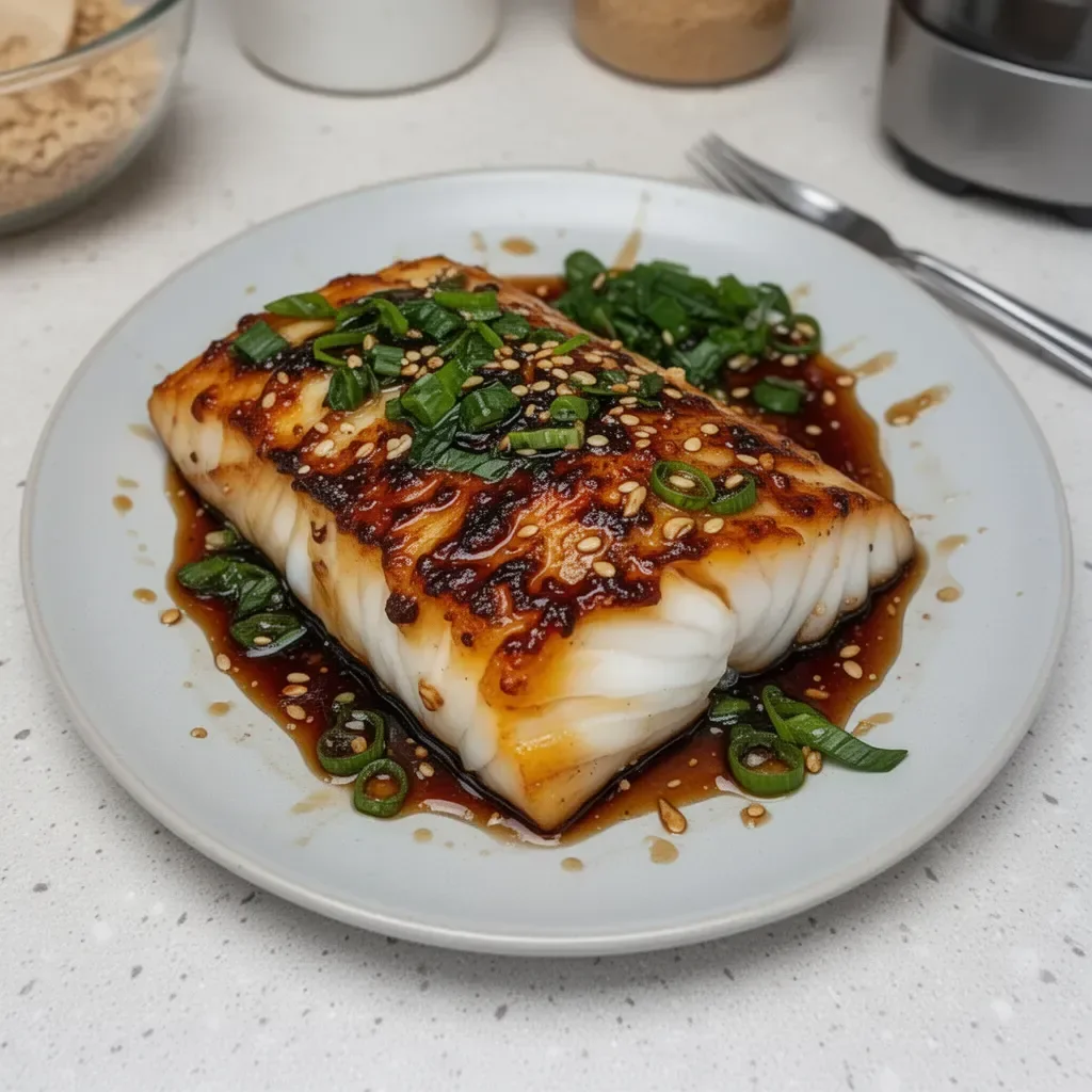 Plate of Ginger Soy Glazed Cod garnished with herbs and served with vegetables