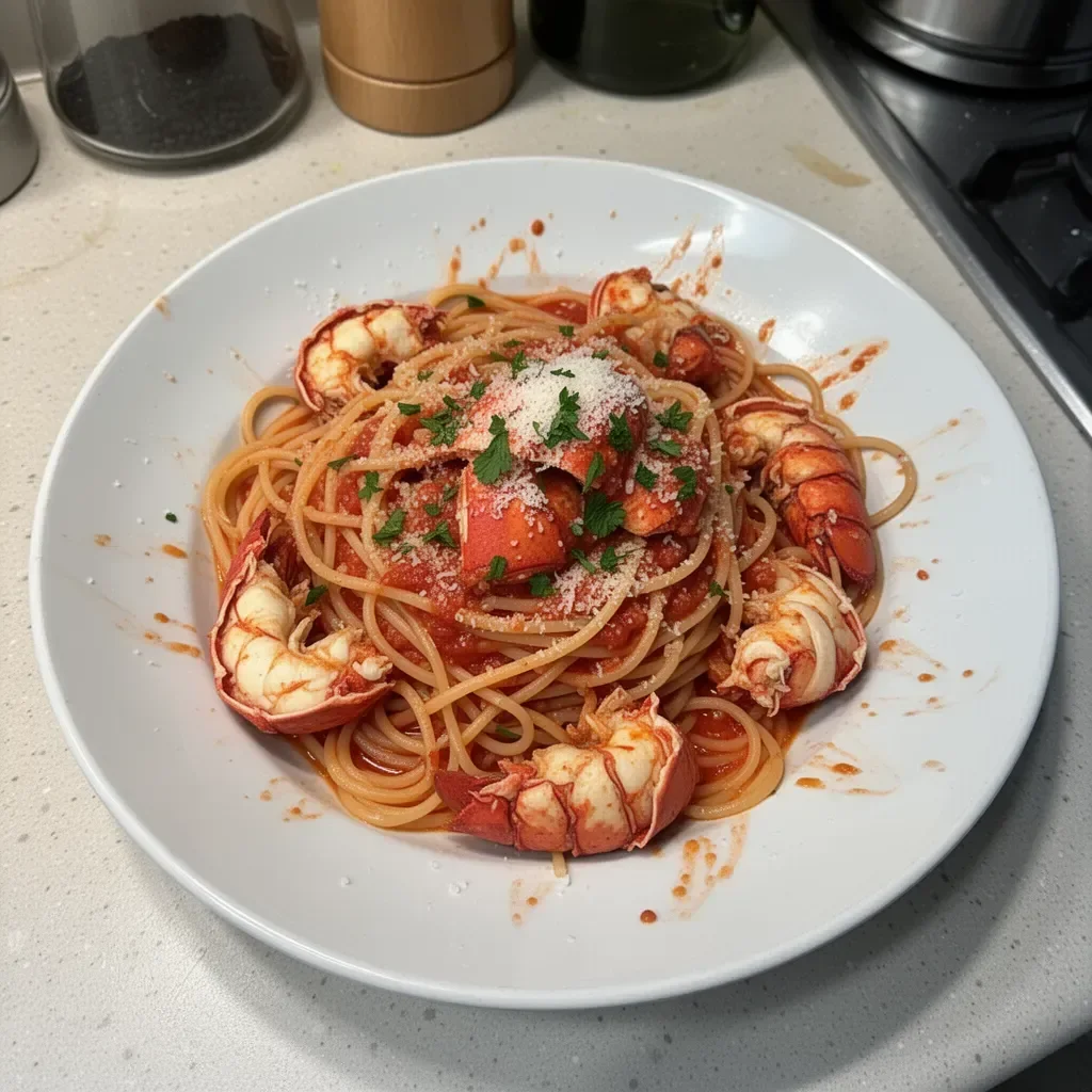 Gordon Ramsay's delicious lobster pasta served with fresh herbs and sauce