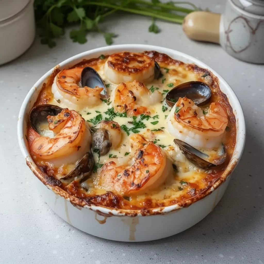 Gourmet seafood cassolette featuring shrimp, scallops, and rich sauce in a baking dish