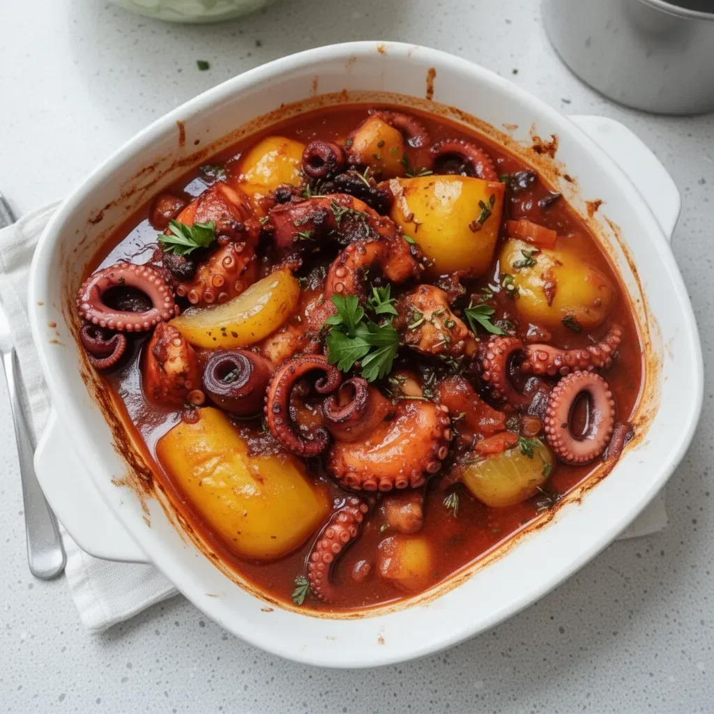 A bowl of Greek Octopus Stew garnished with herbs and served with crusty bread.