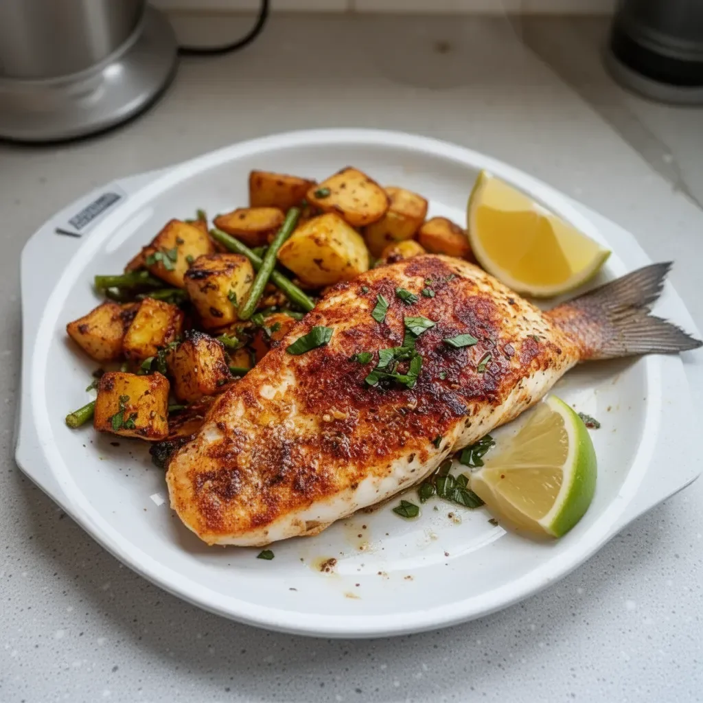 Delicious grilled red snapper served with fresh herbs and lemon slices.