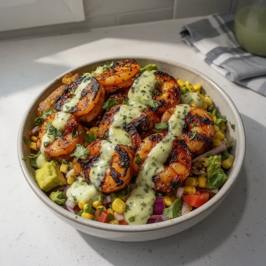 Grilled shrimp bowl with avocado, corn salsa, and creamy garlic sauce