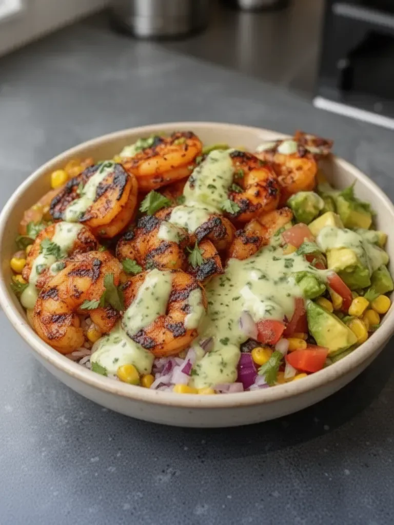 Grilled Shrimp Bowl with Avocado, Corn Salsa & Creamy Garlic Sauce Recipe