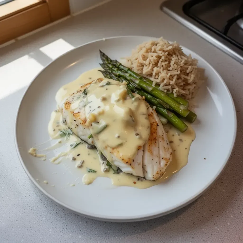 Delicious Halibut Oscar dish with crab, asparagus, and hollandaise sauce