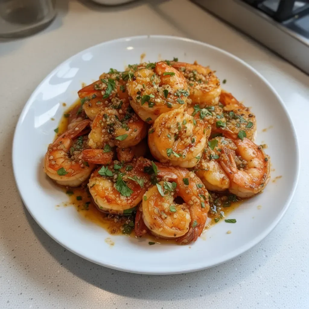 Plate of Hawaiian garlic shrimp garnished with herbs and served with rice