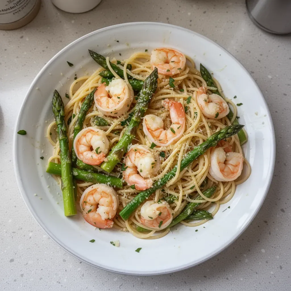 Healthy shrimp and asparagus pasta dish served in a bowl.