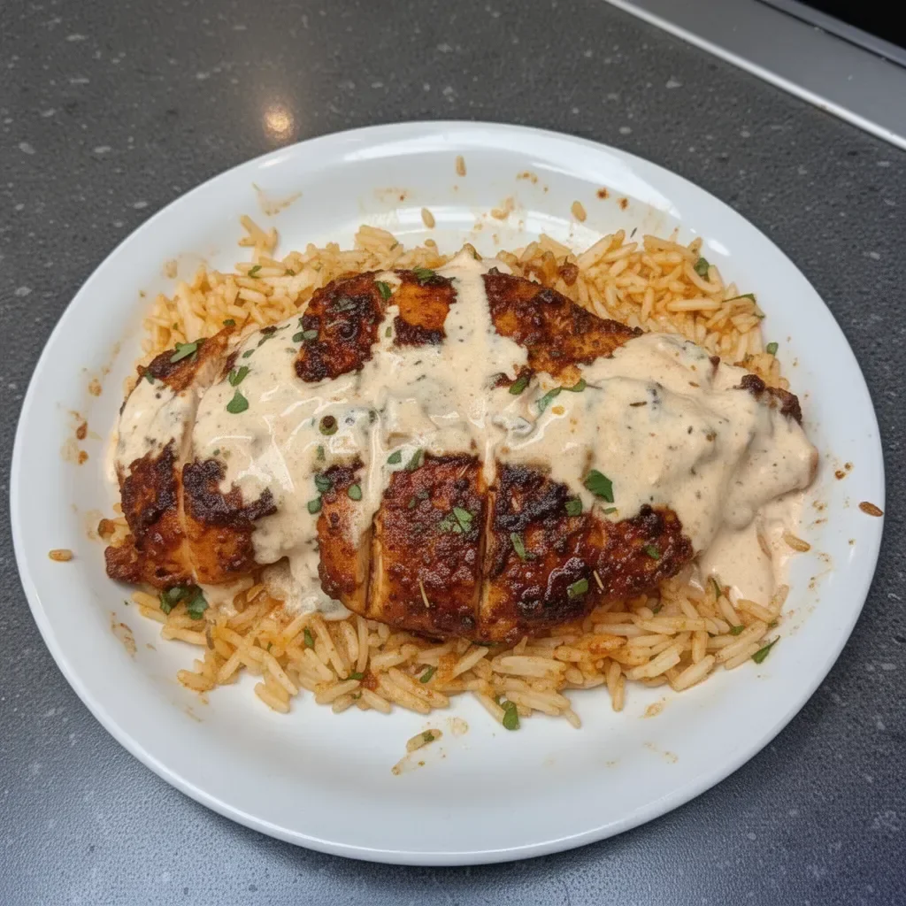 High Protein Creamy Cajun Chicken served with Rice in a vibrant dish
