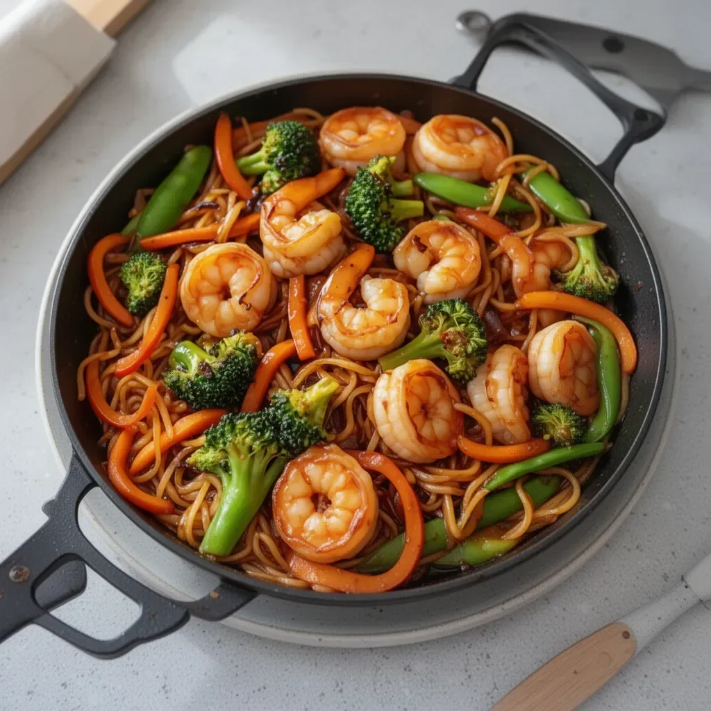 High-protein shrimp stir fry in a colorful one-pan meal