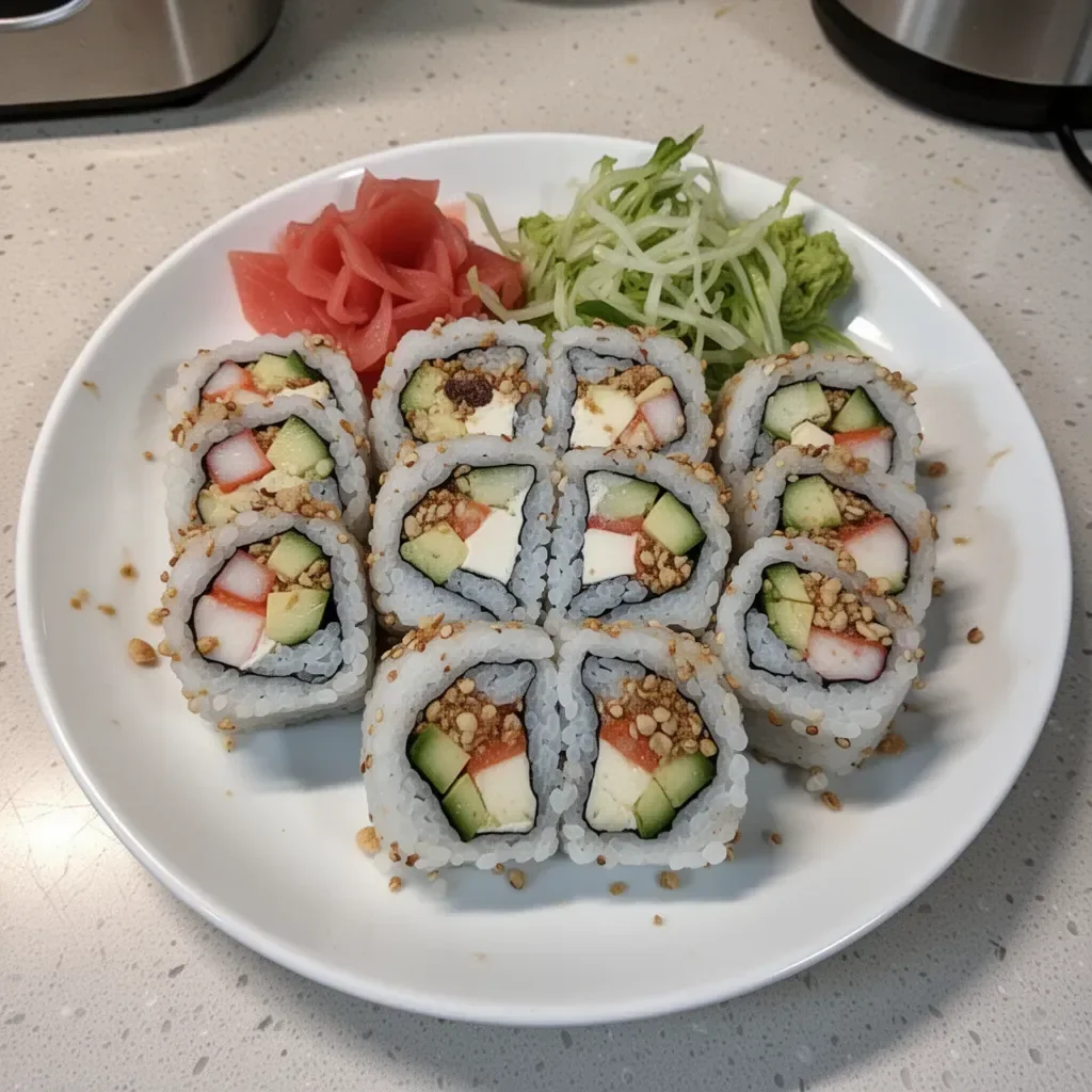 Homemade California Crunch Roll Sushi with fresh ingredients and toppings