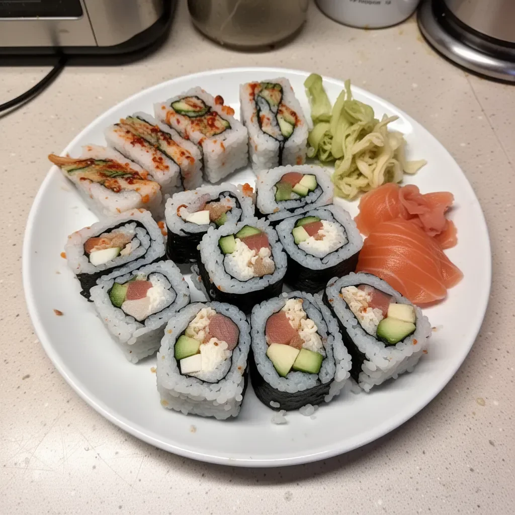 Delicious homemade sushi rolls served on a platter with fresh ingredients.