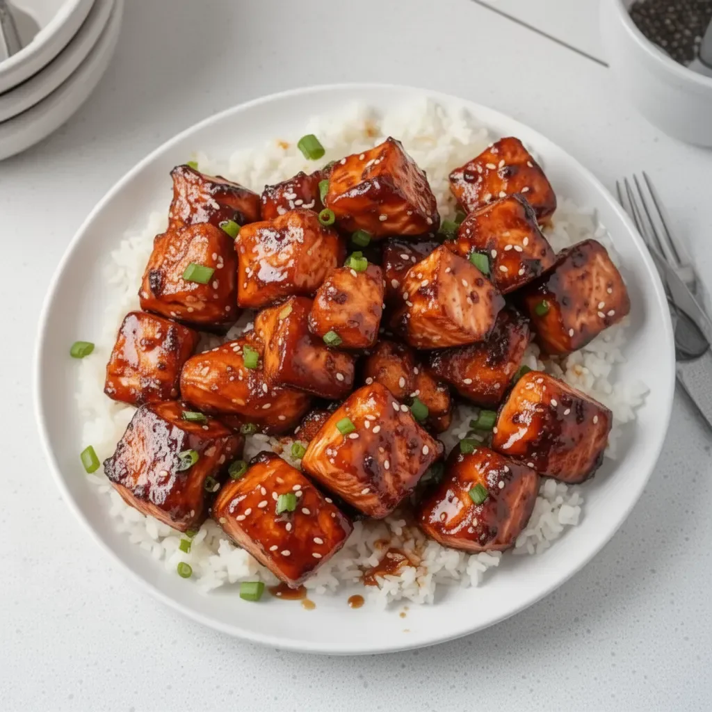 Delicious honey garlic salmon bites served on a platter with herbs.