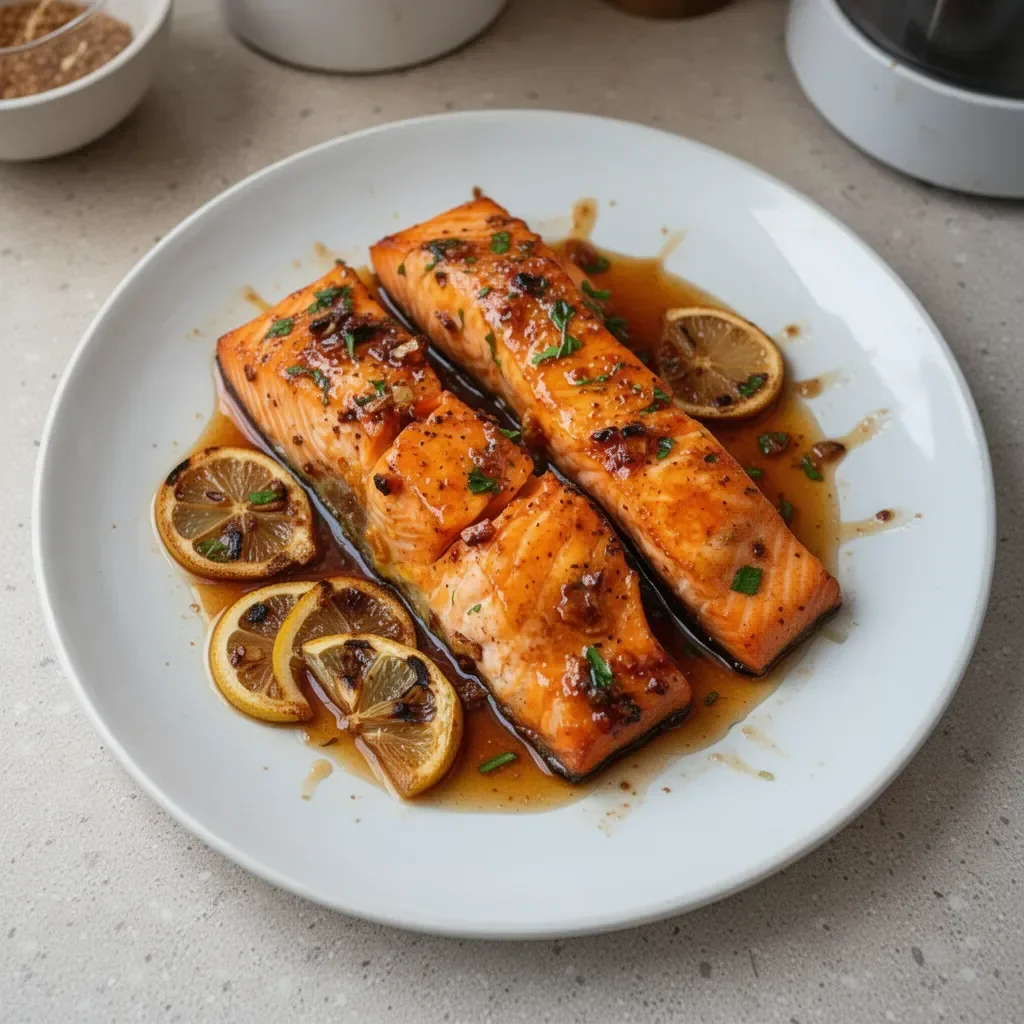 Delicious honey garlic salmon fillet garnished with herbs