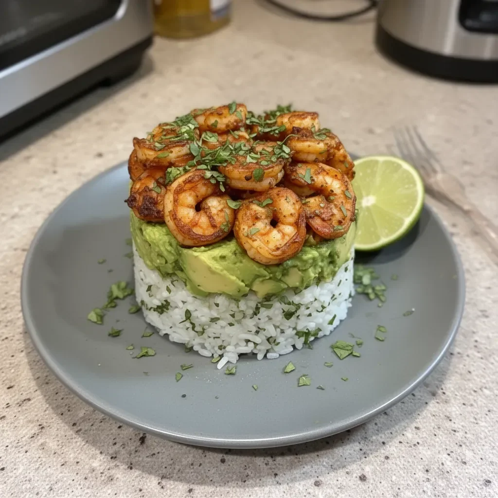 Honey Lime Shrimp served with Avocado Rice Stack on a plate