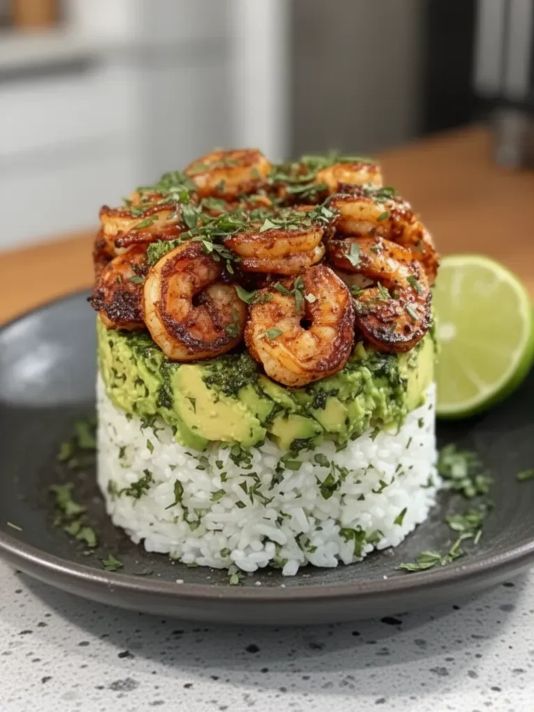 Honey Lime Shrimp & Avocado Rice Stack Recipe