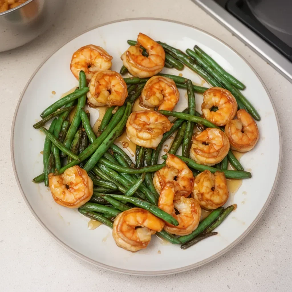 Delicious honey shrimp served with fresh green beans in a vibrant dish