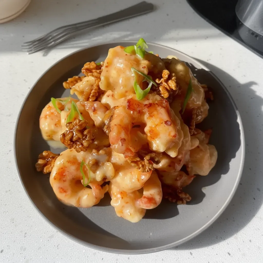Delicious Honey Walnut Shrimp dish topped with glazed walnuts and served in sauce.