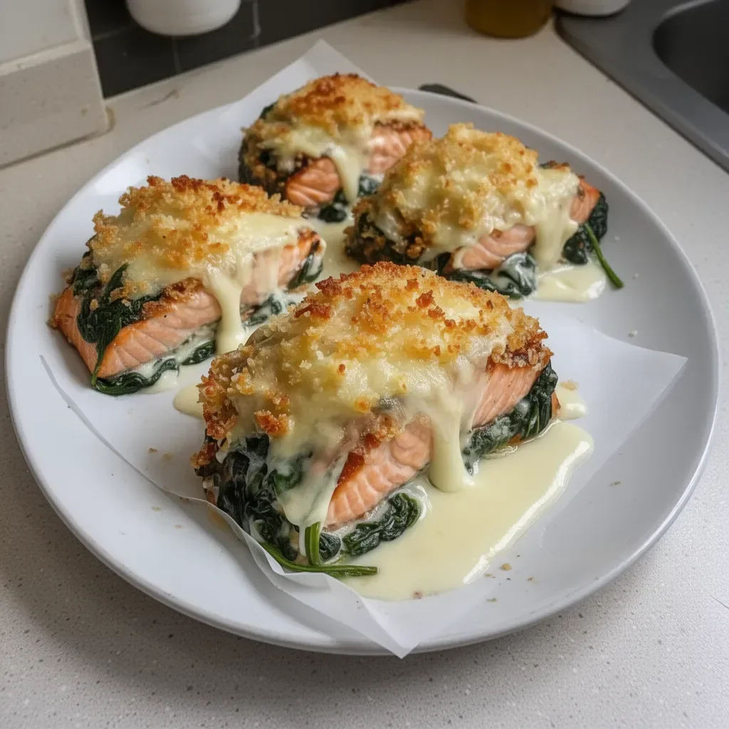 Irresistible baked salmon fillet topped with spinach and melted mozzarella cheese