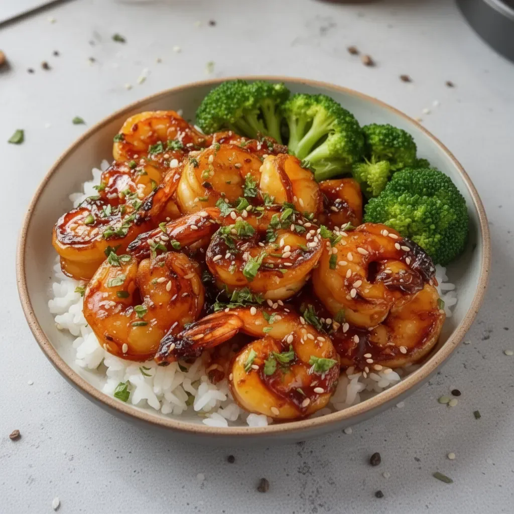 Delicious honey garlic shrimp bowls garnished with fresh vegetables and herbs.